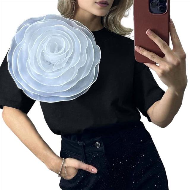 Camiseta de Flores 3D para Mujer, Corta, Cuello Redondo, Verano Negro L