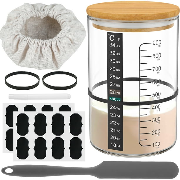 Jetcloudlive Kit de Inicio de Masa Madre - Frascos de Vidrio de 900 ml de Fácil Fermentación con Banda de Alimentación Marcada con Fecha, Raspador, Termómetro y Cubierta de Tela Herramientas de Repos