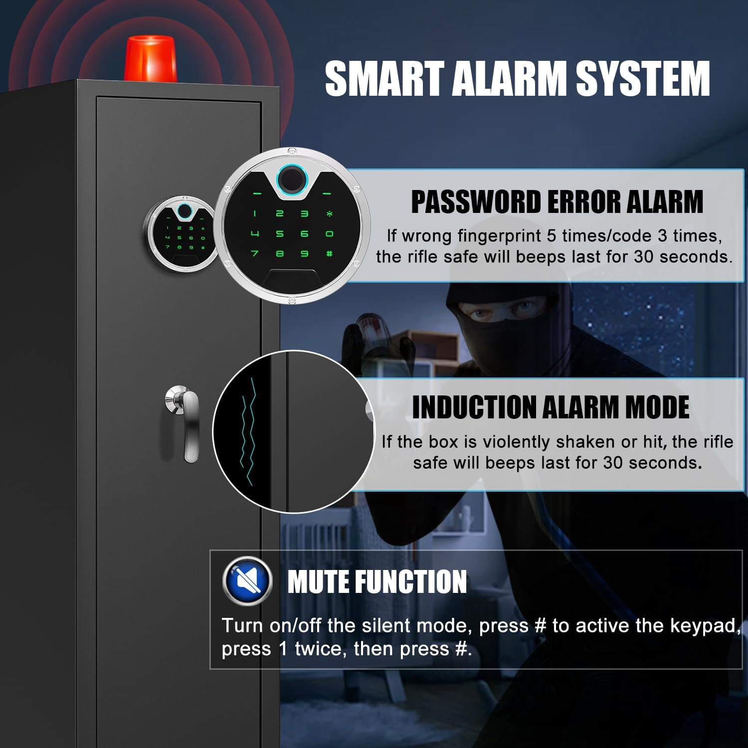Riflevault High Tech Intelligent 5 Gun Safe with Dual Alarm System, 11.02" x 11.81" x 54.33", Steel