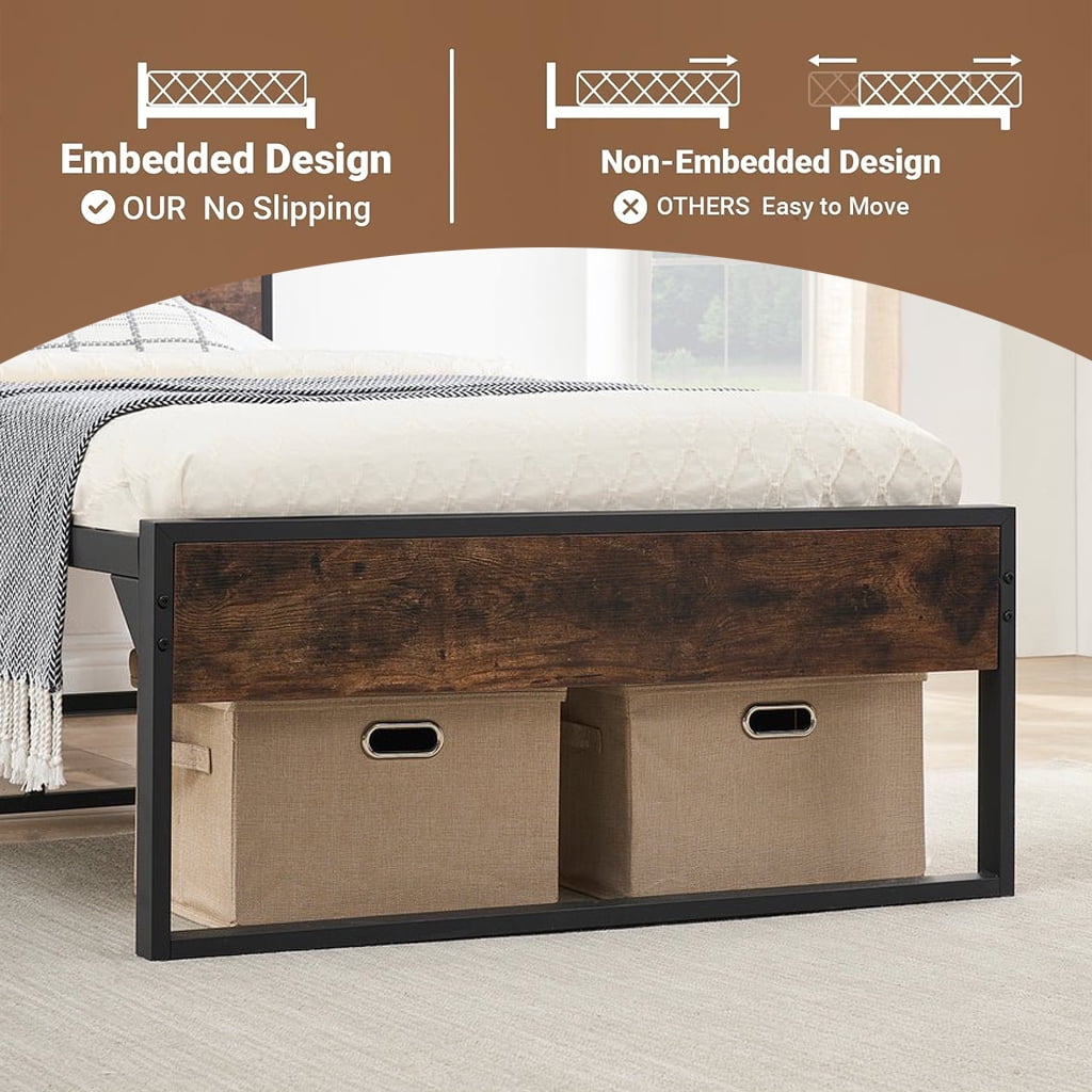 Behost 14" Twin Bed Frame with Headboard , Power Outlets Platform Beds for Bedroom, Rustic Brwon