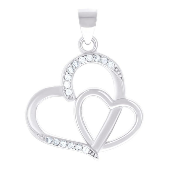 925 Sterling Silver Womens Cubic Zirconia Double Love Heart Charm Pendant Necklace 25x19mm Wide Pendant for Women