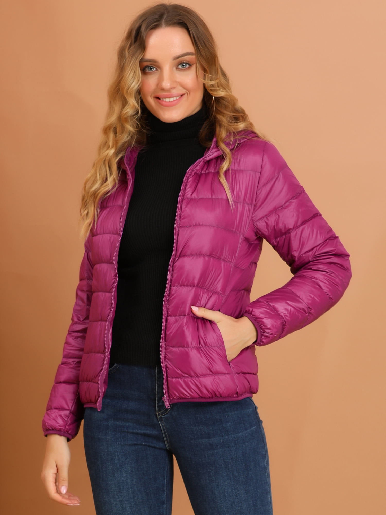 DARING DIVA Women's Hooded Zip Up Short Down Lightweight Jacket XL Hot Pink