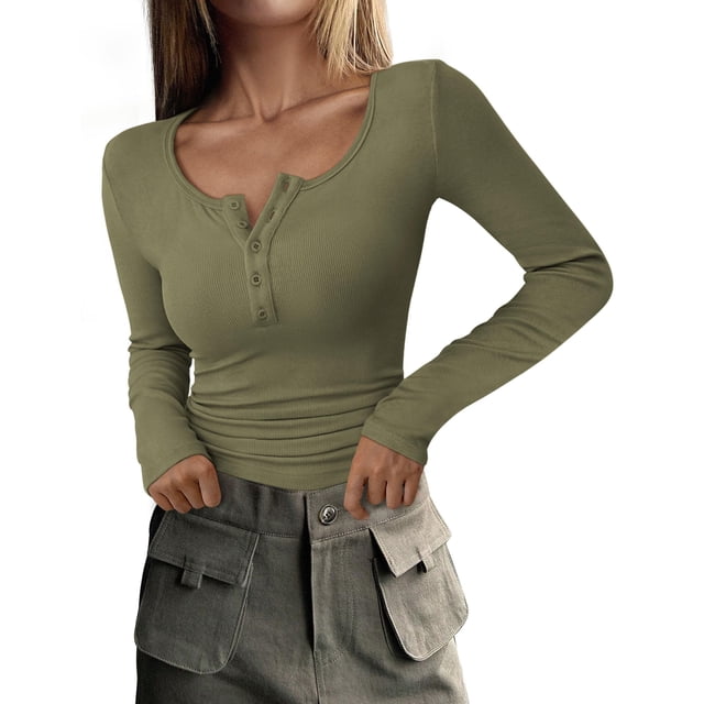 Remera Henley de Manga Larga PRETTYGARDEN Otoño 2025 Gris Verde M