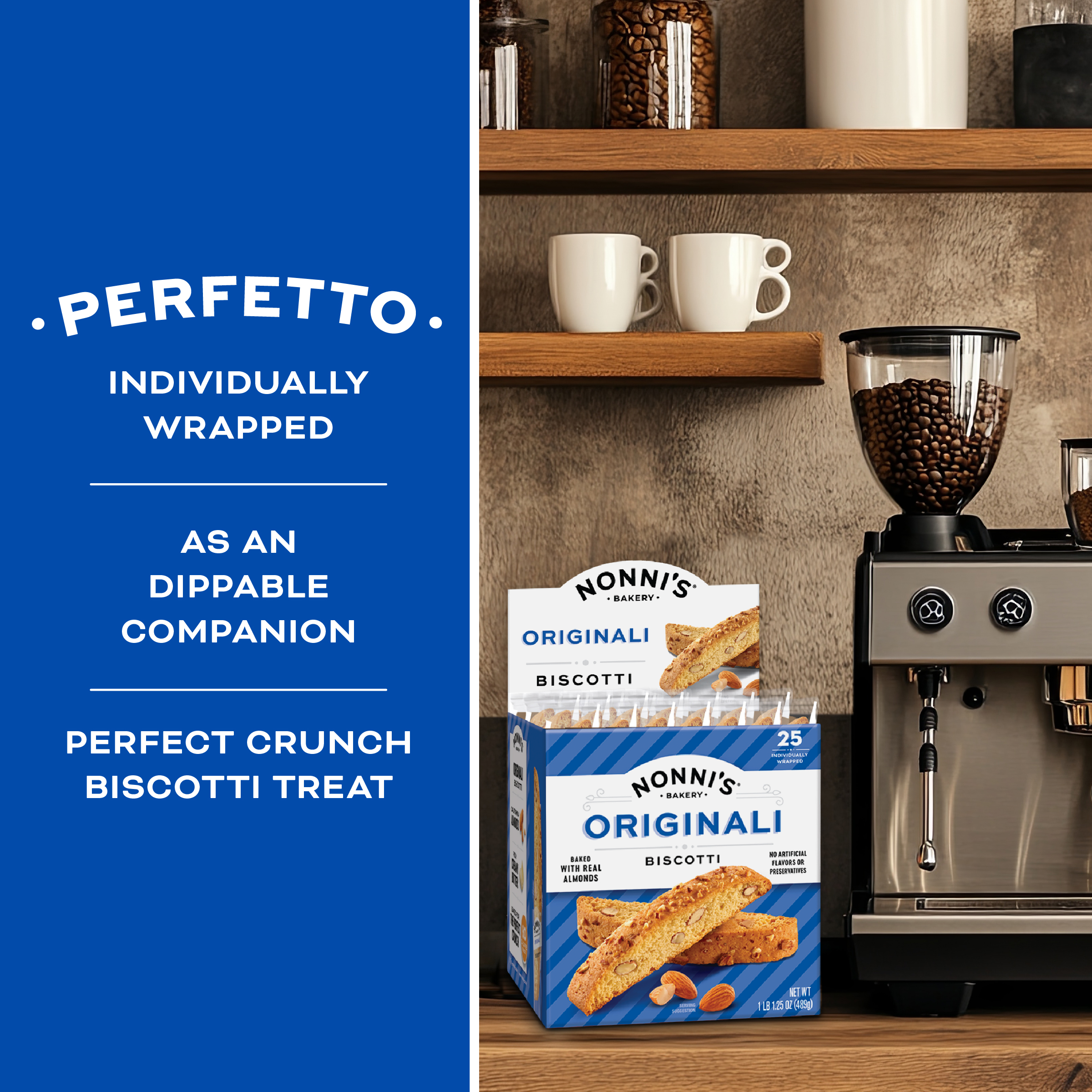 Nonni's Originali Classic Almond Biscotti Cookies – Individually Wrapped Italian Coffee Snack, Crunchy Twice-Baked, 80 Cal Each, 17.25 oz Carton