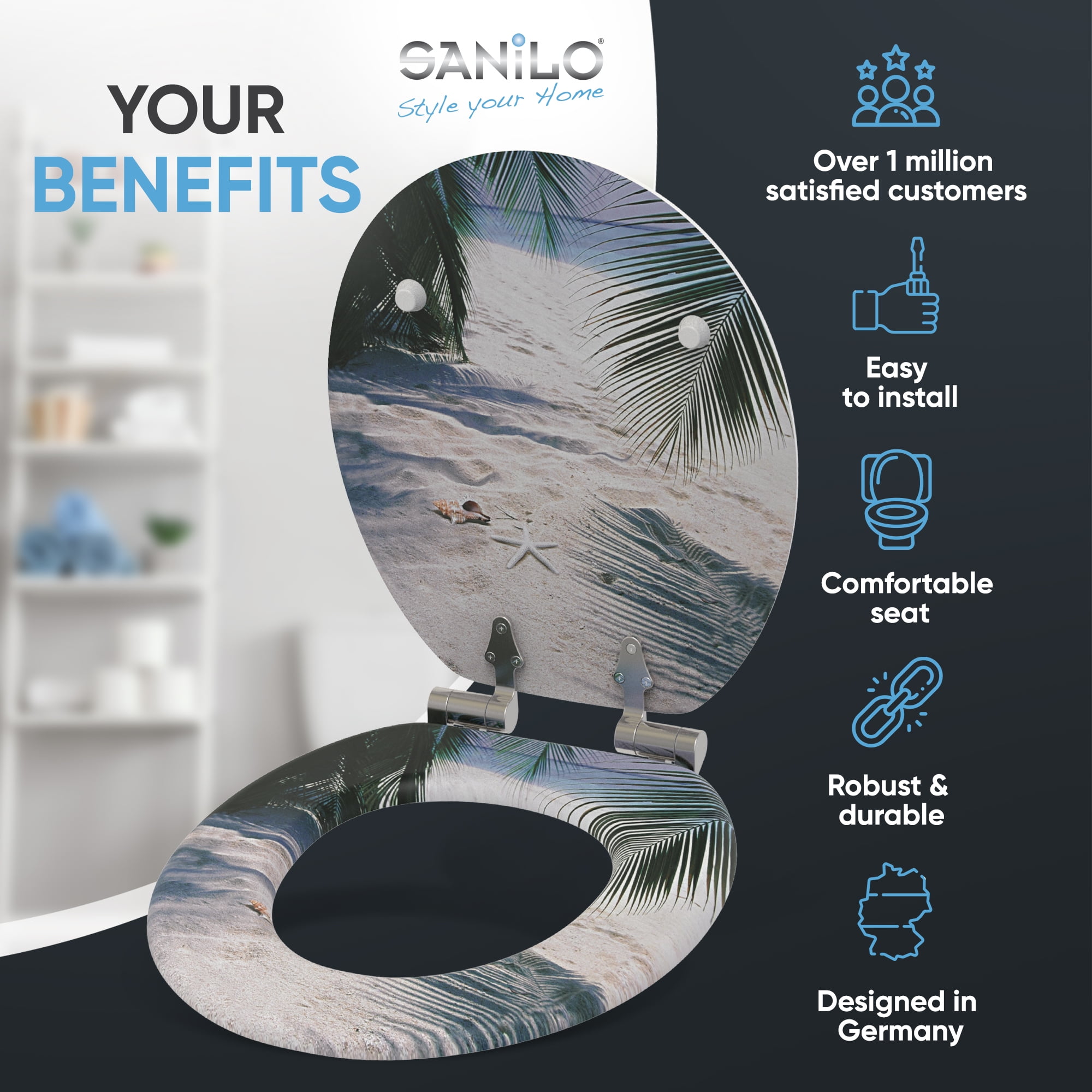 Sanilo Soft Close Toilet Seat ROUND, Quiet and Slow Close Lid and Seat, Strong Bumpers and Hinges, Beach