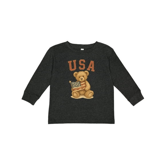 Inktastic Patriotic USA Teddy Bear with American Flag Boys or Girls Long Sleeve Toddler T-Shirt