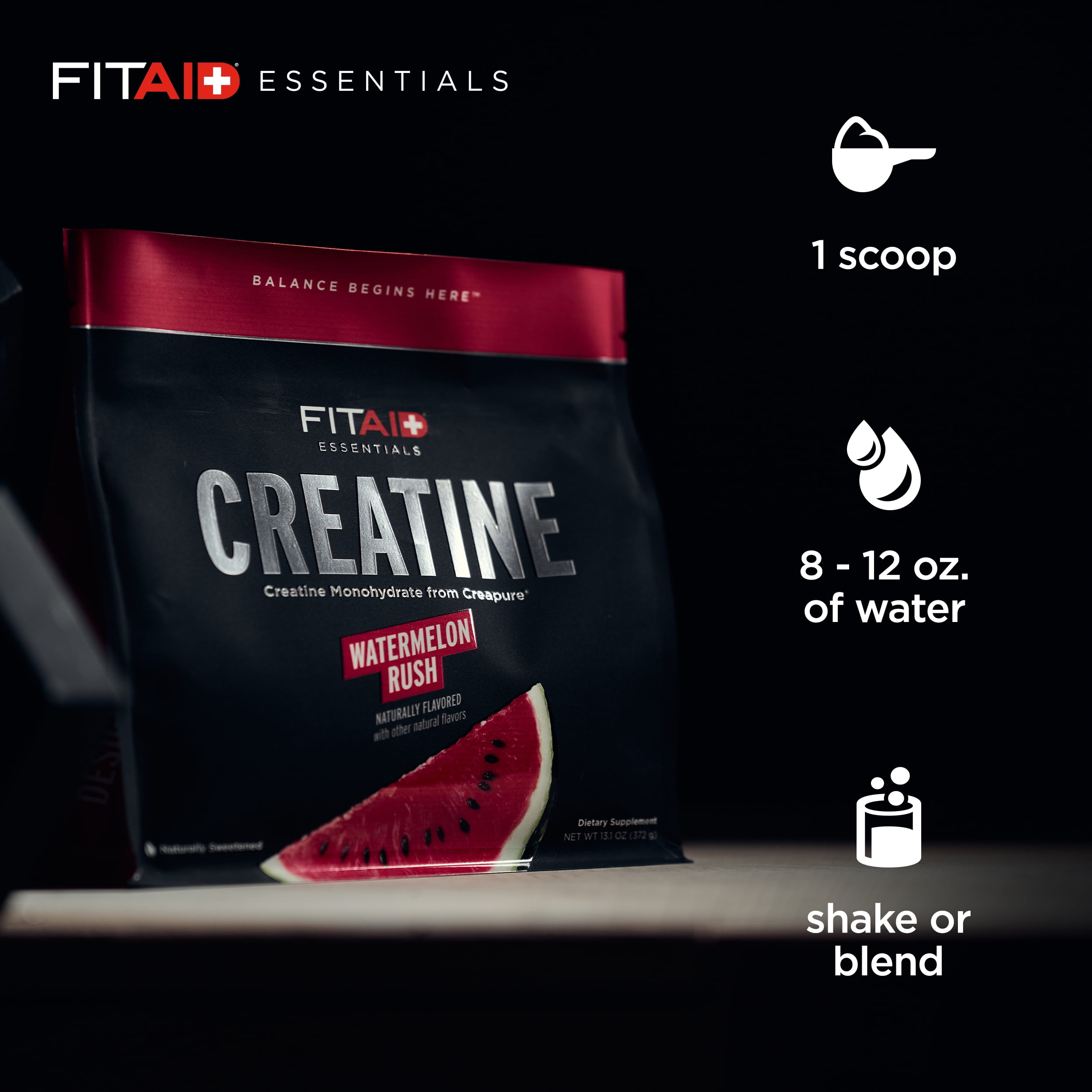 FITAID Essentials Creatine Powder Watermelon Rush, CreaPure Creatine Monohydrate, ATP Production for Weightlifting, Cycling, Zero Sugar, Smooth-Mixing, Easy on Stomach, Resealable, 60 Servings