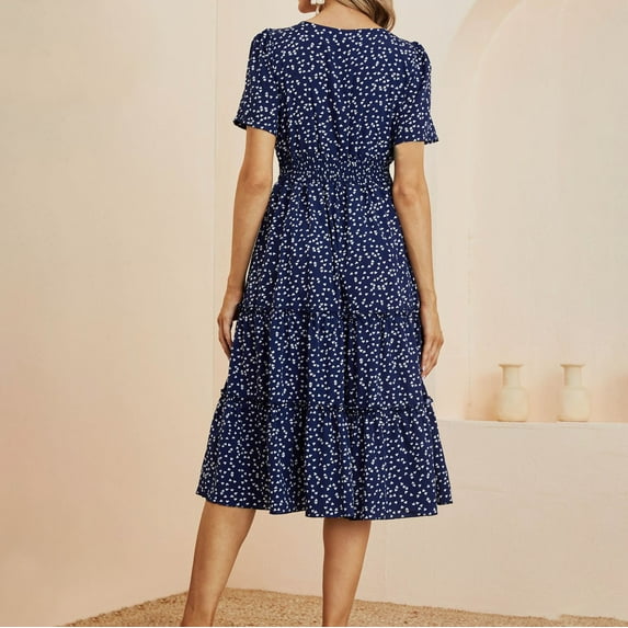 Aayomet Plus Size Dresses Women's Square Neck Short Sleeve Summer Dress A Line Sundress Tunic Flowy Pleated Midi Dress,Navy L