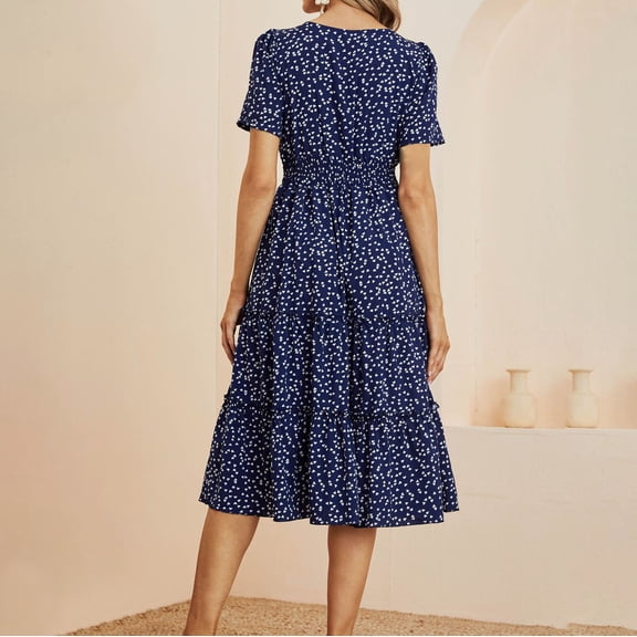 Aayomet Plus Size Dresses Women's Square Neck Short Sleeve Summer Dress A Line Sundress Tunic Flowy Pleated Midi Dress,Navy S