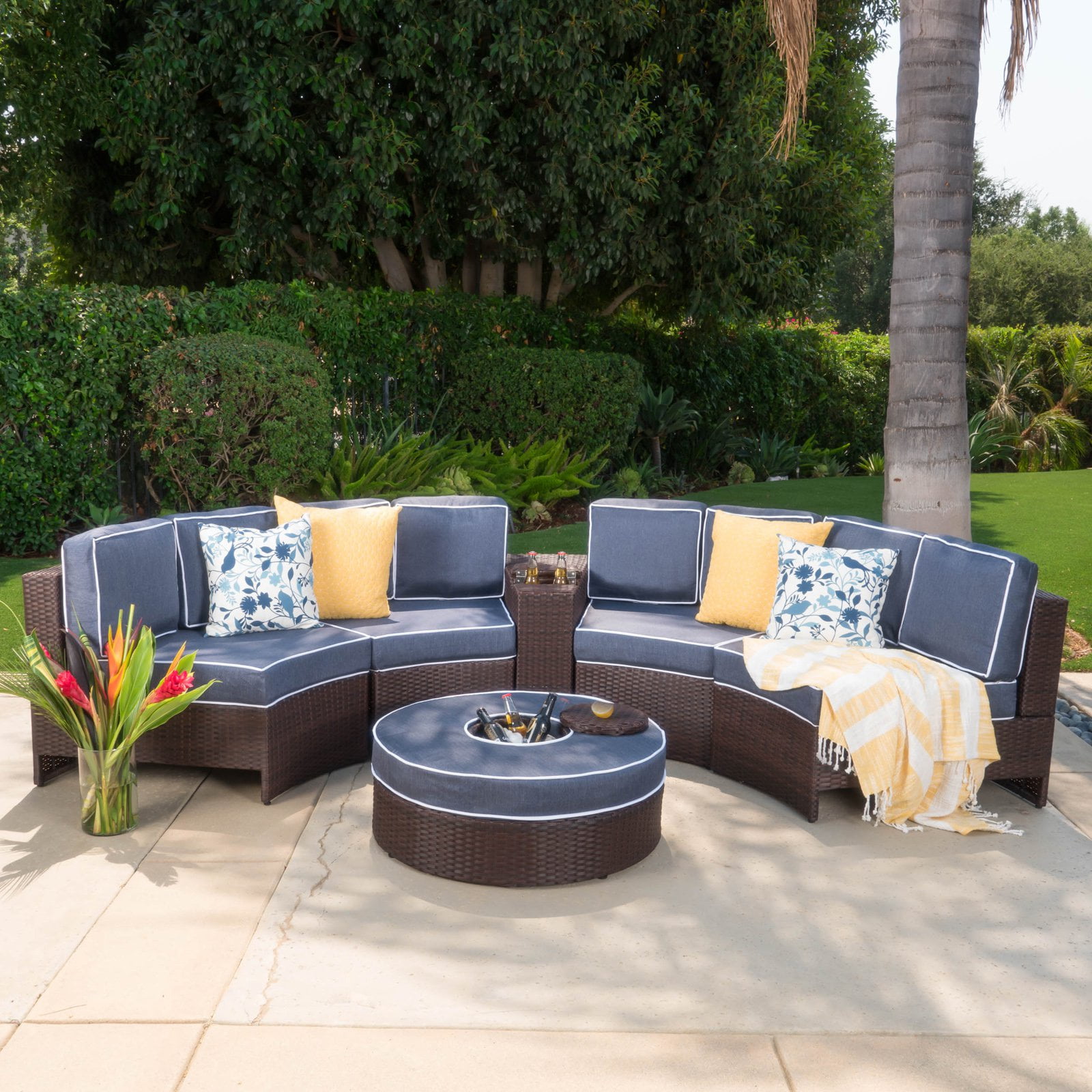 Madras Zanzibar 6pc 1/2 Round All-Weather Wicker Patio Seating Set w/ Ice Bucket Ottoman - Navy Blue - Christopher Knight Home