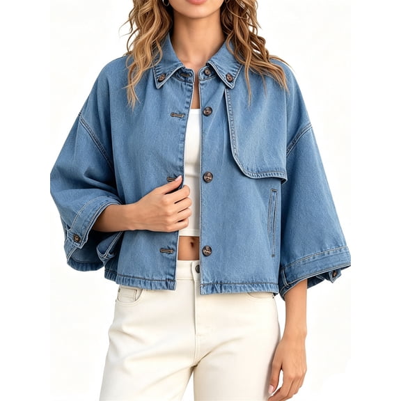 Womens 3/4 Sleeve Cropped Denim Jackets Casual Button Down Loose Coat with Pockets