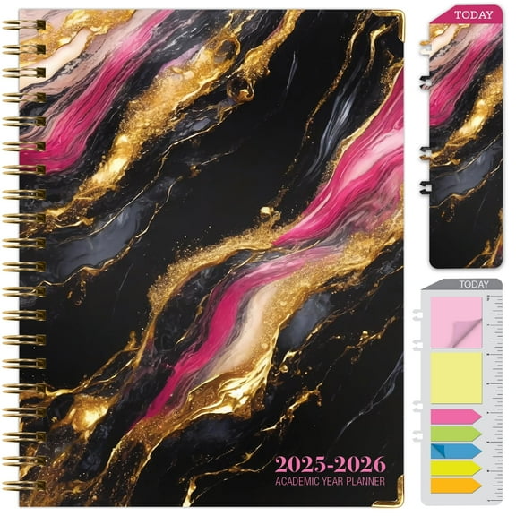 Academic Year 2025-2026 Planner, June 2025 - July 2026, 8.5"x11" Daily Weekly Monthly Planner Yearly Agenda, Hardcover, Bookmark, Pocket Folder and Sticky Note Set (Dark Gold Marble)