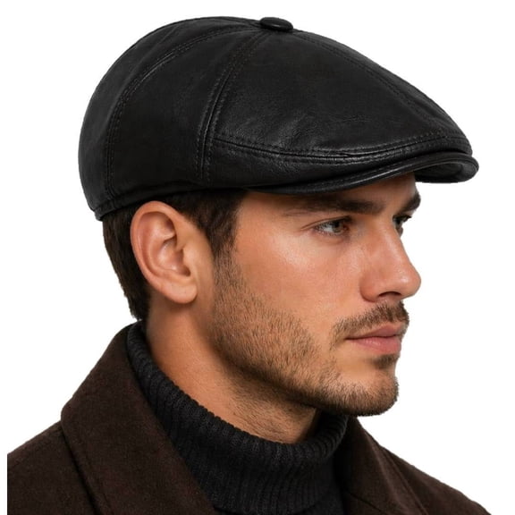 Real Leather Gatsby Cap Mens Newsboy Ivy Hat Golf Driving Flat Cabbie (as1, Alpha, XXl, Black)