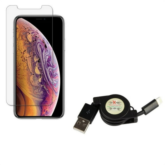 iPhone XS/X - Retractable USB Cable w Anti-Glare Screen Protector - Charger Power Cord Sync Wire Fast Charge, Tempered Glass Matte 3D Curved Edge Anti-Fingerprint Case Friendly
