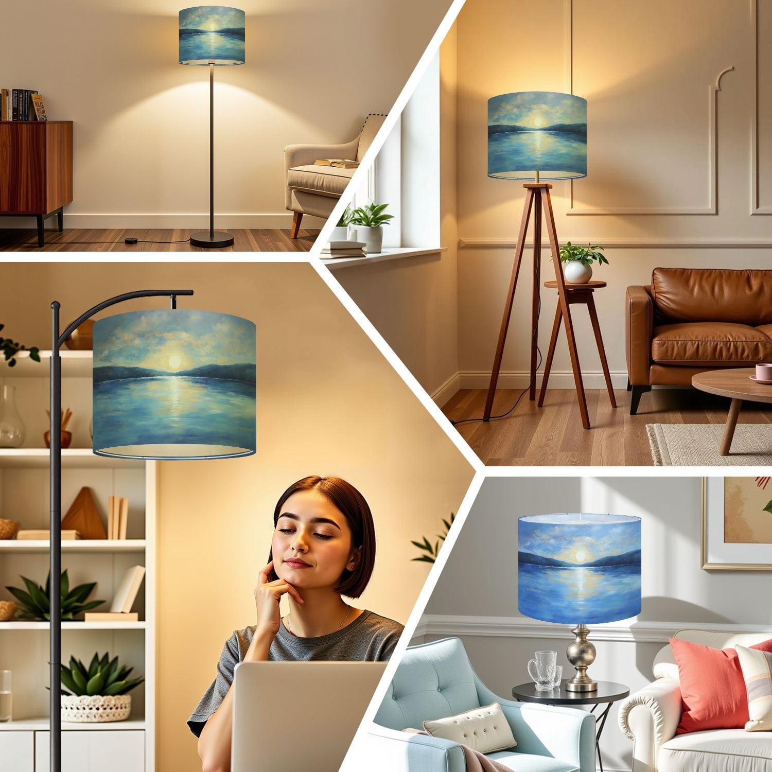 Linen Drum Lampshades Abstract Modern Blue Ocean Coastal Sunset Sunrise Sea Lake Water 13"x13"x10" Light Shade for Table Lamps Drum Lamp Shades Lampshade Replacement Assembly Required