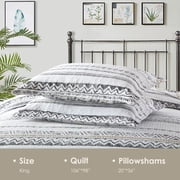 Bedduvit 100% Cotton King Size Quilt Set - Bohemian White & Charcoal Geometric Striped Quilt King, Boho Breathable Bedspread for All Season, 3-Piece Lightweight Summer Comforter Bedding Set, 98x106