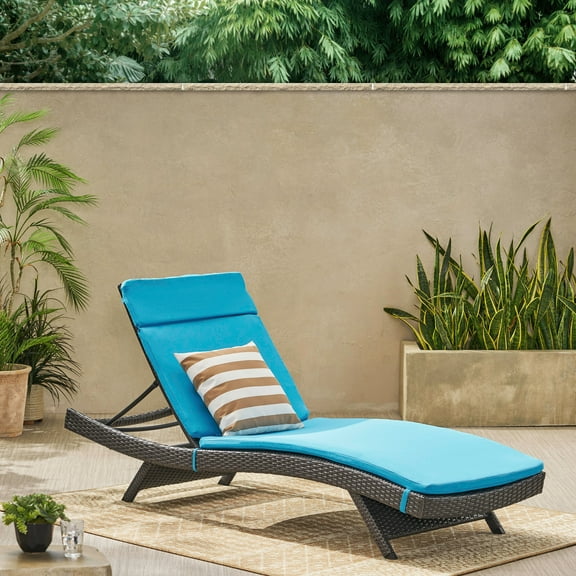 Anthony Outdoor Wicker Adjustable Chaise Lounge with Cushion, Grey, Blue