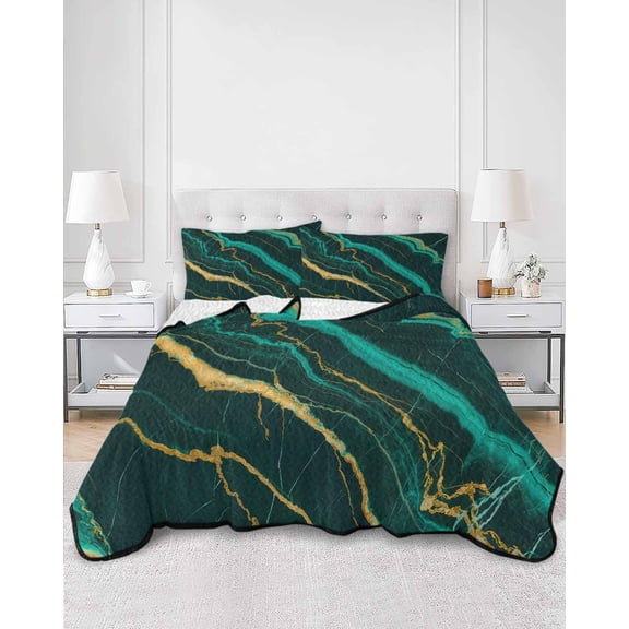Quilts Twin Size, Marble Green Soft Comforter Bedding Set for Bed, Retro Abstract Ombre Gold Nature Cracks Lightweight Quilted Bedspread with Pillow Cover(2 Pieces) for All Season, 68x86 Inch