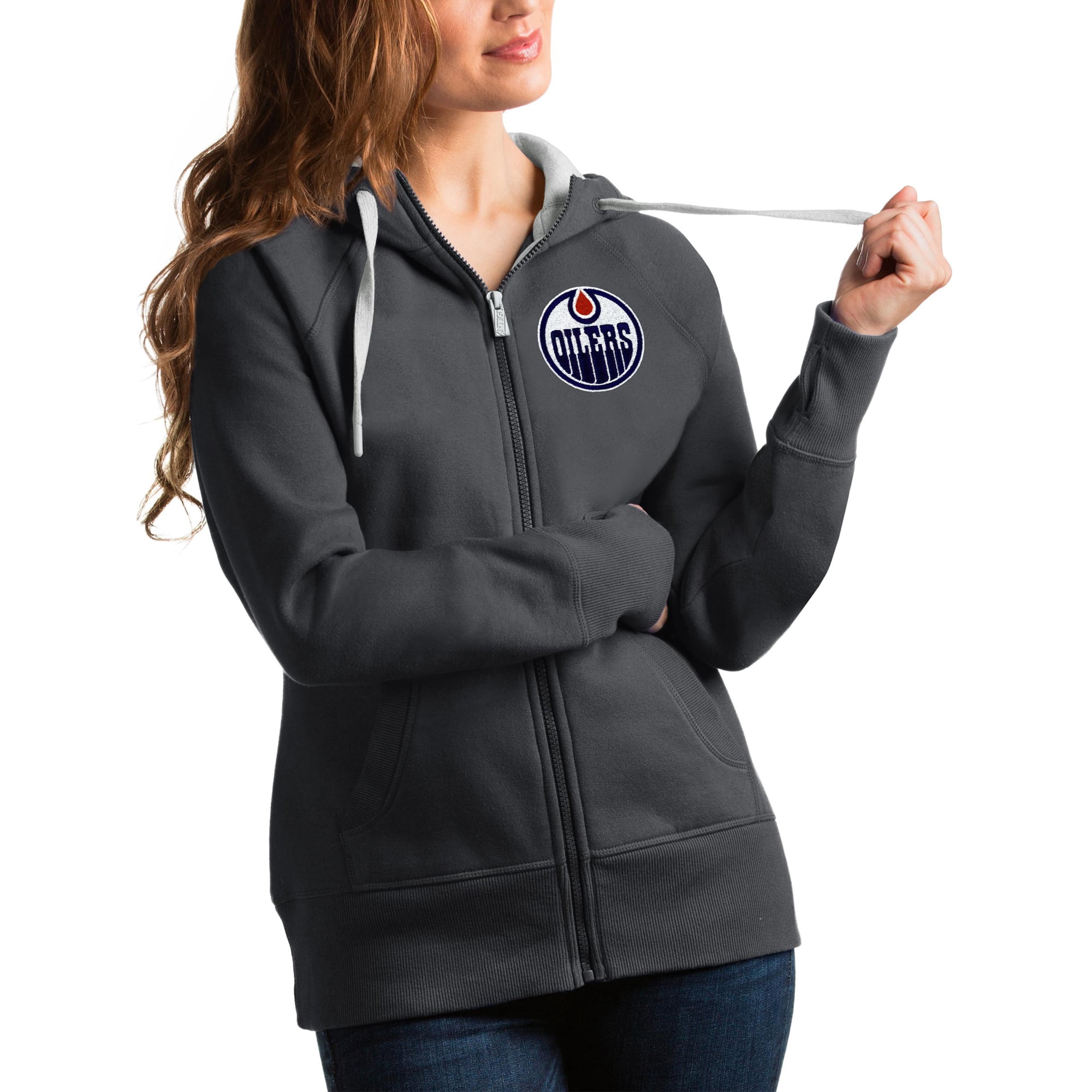 Women's Antigua Charcoal Edmonton Oilers Victory Full-Zip Hoodie