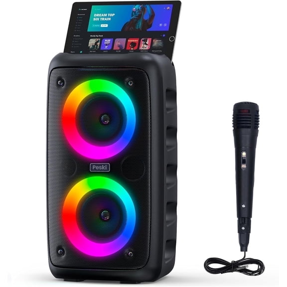 Xjahwr 11.5in Portable Bluetooth Speaker, Home Karaoke Machine with 1 Microphone, Deep Bass, Colorful LED Lights, for Home/Outdoor/Party/Beach, Birthday Gift (Black)