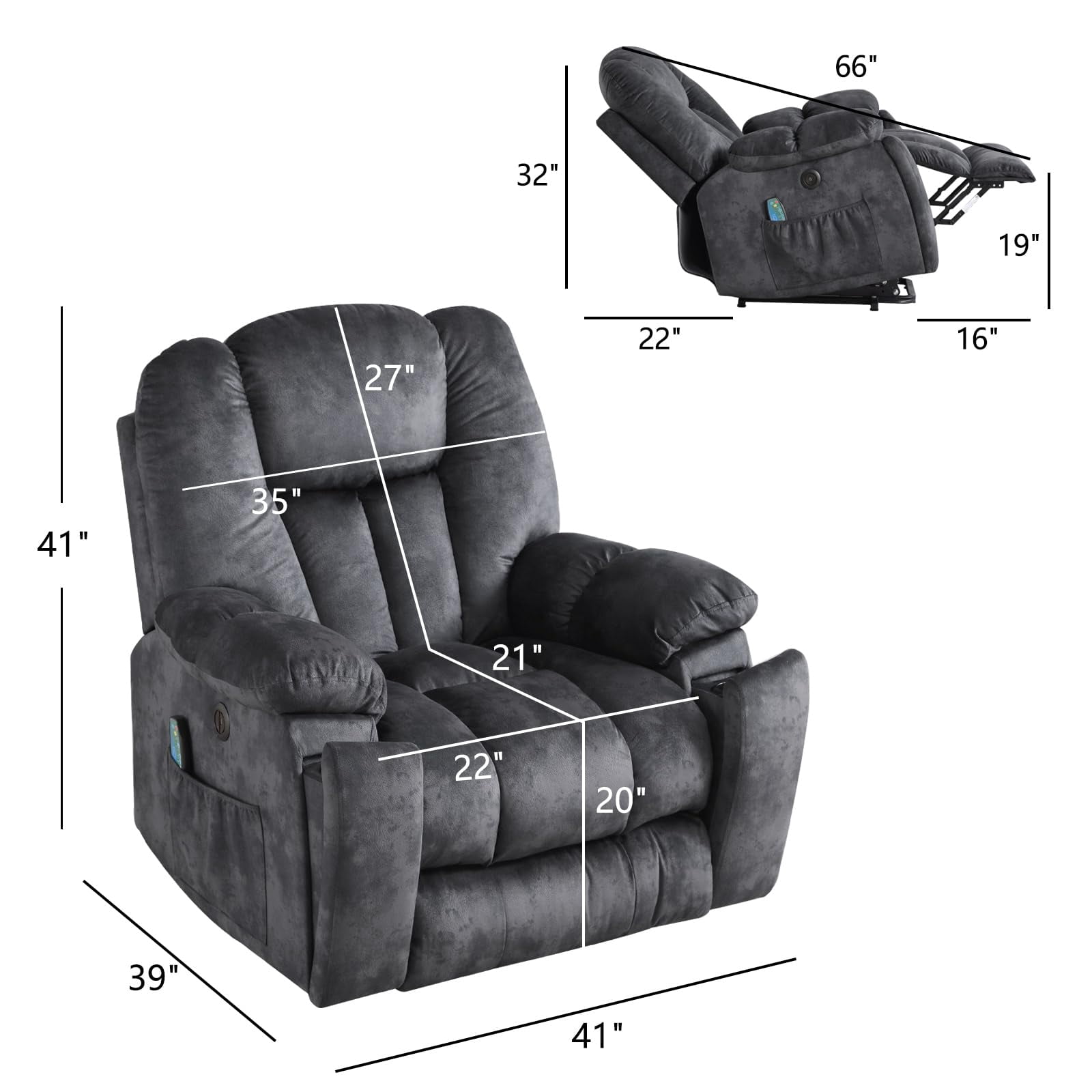 Ebello Large Power Lift Recliner Chair with Heat Massage, USB Ports - Ergonomic Recliner Chair for Elderly, Greenish Gray
