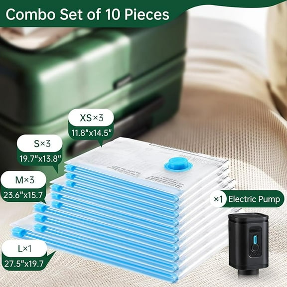 10 Combo Pack Travel Vacuum Bags with Pump - Space Saver & Travel Essentials, Clothing & Luggage Vacuum Seal Bags