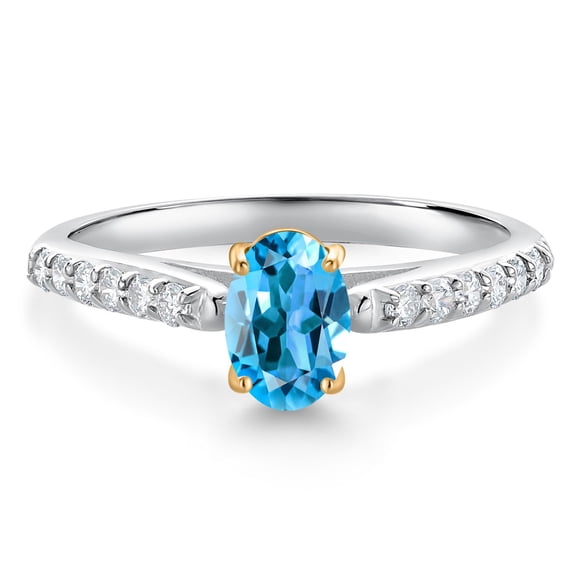 Gem Stone King 10K White and Yellow Gold Swiss Blue Topaz and White Lab Grown Diamond Engagement Ring for Women (1.18 Cttw, Oval 7X5MM, Gemstone November Birthstone, Size 8)