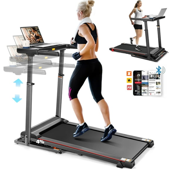 Simpfree Treadmill with Desk, 300lbs Folding Treadmill, Running Machine with Incline, App, Bluetooth Speakers, LED Monitor, 64 Programs, 0.6-7.5MPH