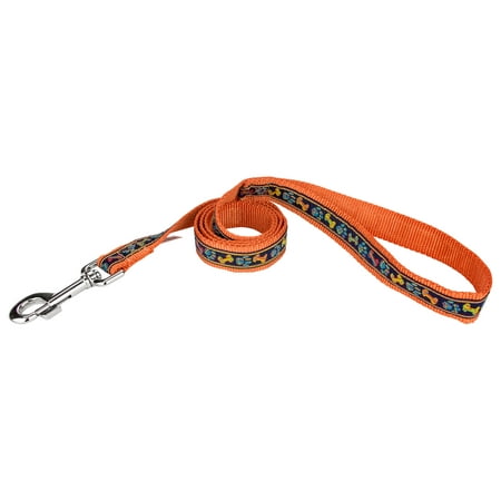 Ribbon Dog Leash - Country Brook Design® 1 Inch Plaid Bones And Paws Ribbon on Orange Dog Leash Limited Edition - 6 Foot