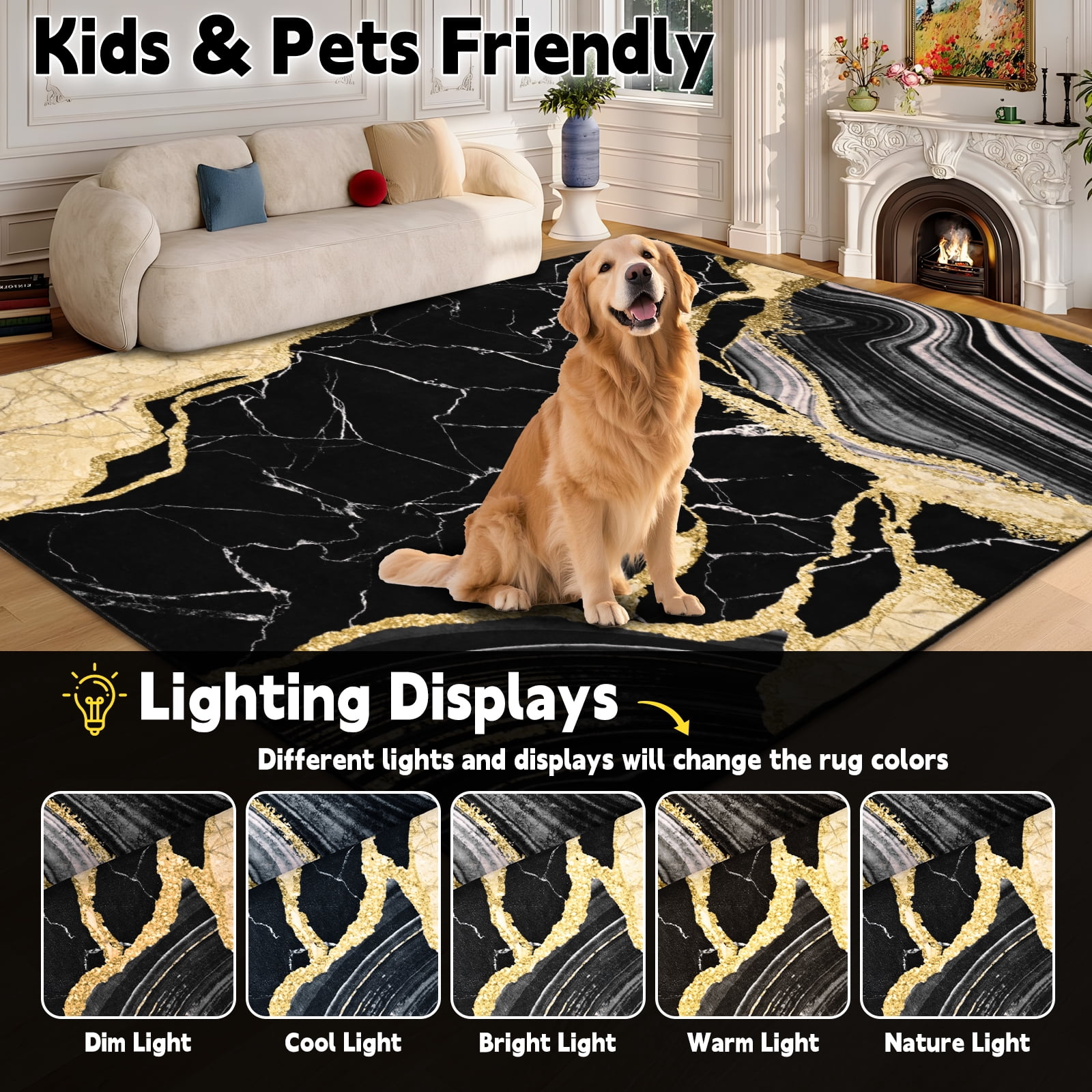Bleum Cade 5'x7' Area Rugs for Living Room, Marble Swirl Abstract Rug Ultra Soft Washable Rugs for Bedroom, Anti Slip Durable Carpet Home Decor for Dining Room,Black Gold