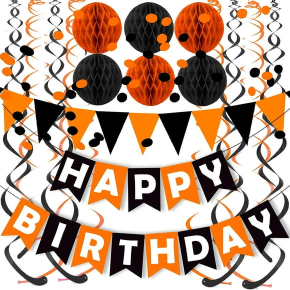Cartel de feliz cumpleaños FECEDY, negro y naranja, decoración de fiesta