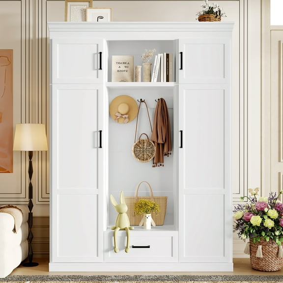 Harper & Bright Designs Hall Tree with Bench and 3 Hooks , Entryway Bench with Coat Rack , Entryway Tree with Drawer and Adjustable Shelves for Hallway , White