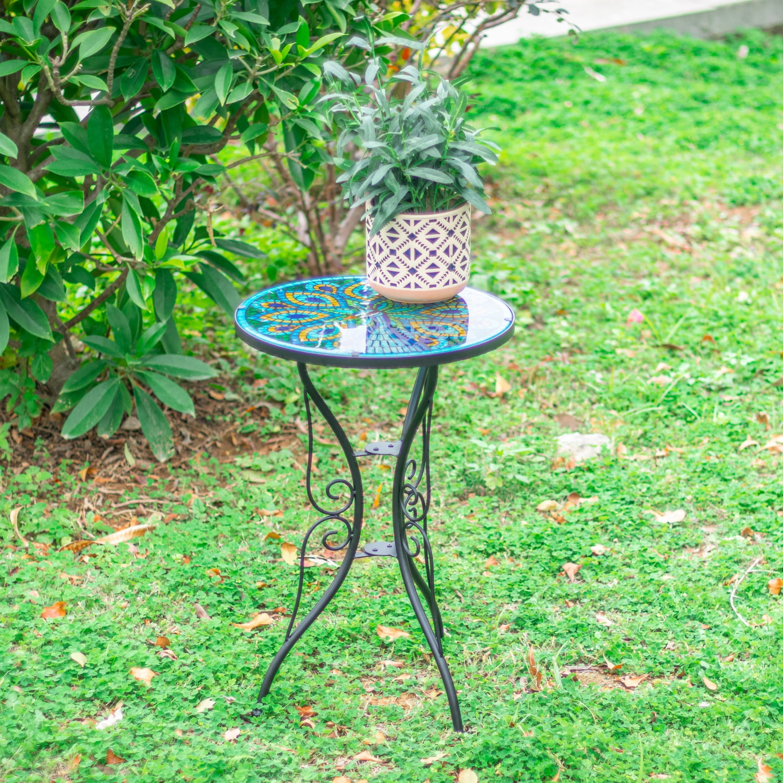 Peacock Glass Side Table for Garden, Outdoor Plant Stand Mosaic Accent Table Round Small End Table for Living Room Porch Balcony Garden