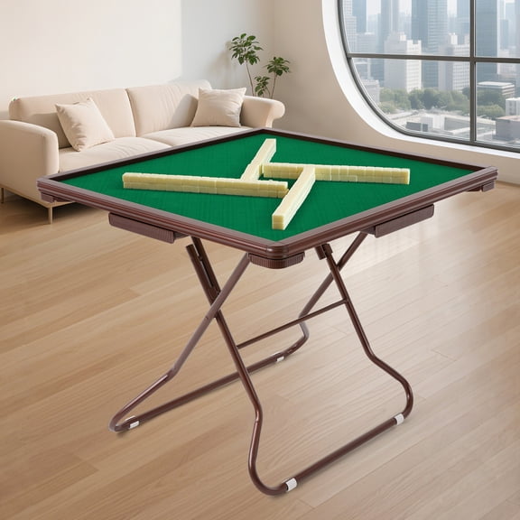 Foldable Square Mahjong Game Table, Portable Folding Card Game Table with Green Velvet Surface, 330.69 Lbs Load‑Capacity Brown Game Table for Indoor Party