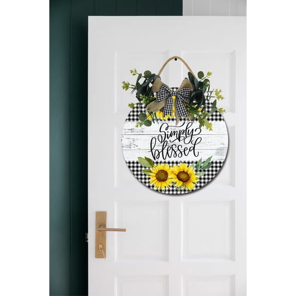 Eveokoki Front Door Porch Decorations Simply Blessed Door Hanging Sign 11 inch Wooden Wall Sign, Rustic Holiday Wreath Decor for Front Door Porch Home Window Wall Farmhouse Decorations