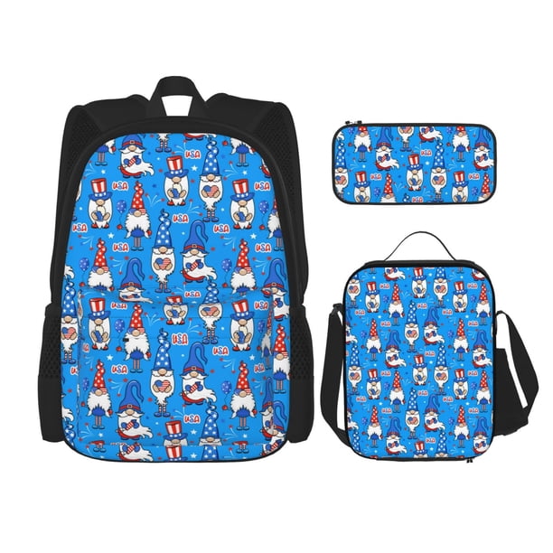 Easygdp Gnomes in USA Mochila para Niños y Niñas con Set de Caja de Almuerzo y Estuche para Lápices 3 en 1, Mochila Escolar Estampada para Adolescentes