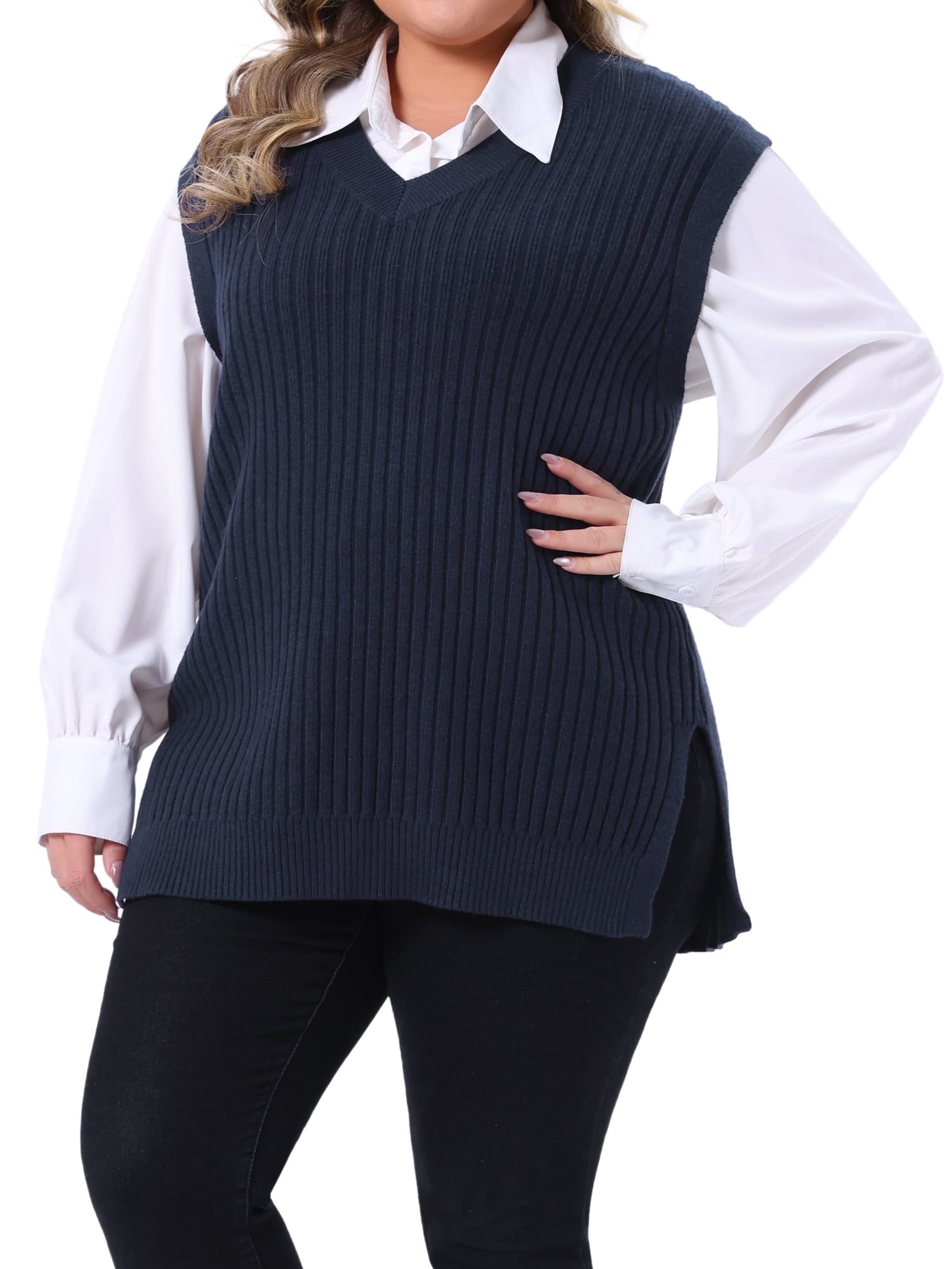 DARING DIVA Women's Plus V Neck Knit Split Hem Sweater Vest 3X Dark Blue