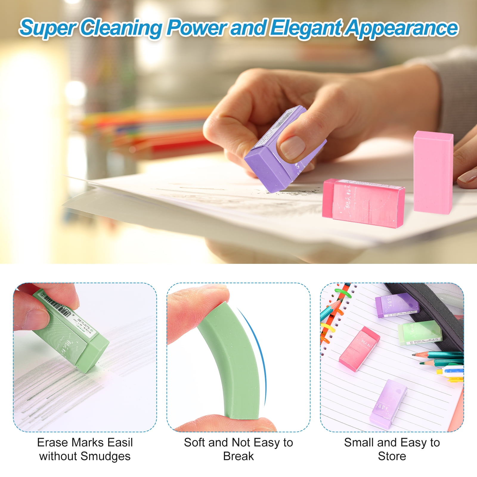 Uxcell Pencil Erasers, 36 Pcs Rubber Colorful Gradient Eraser Rectangular Eraser, Green