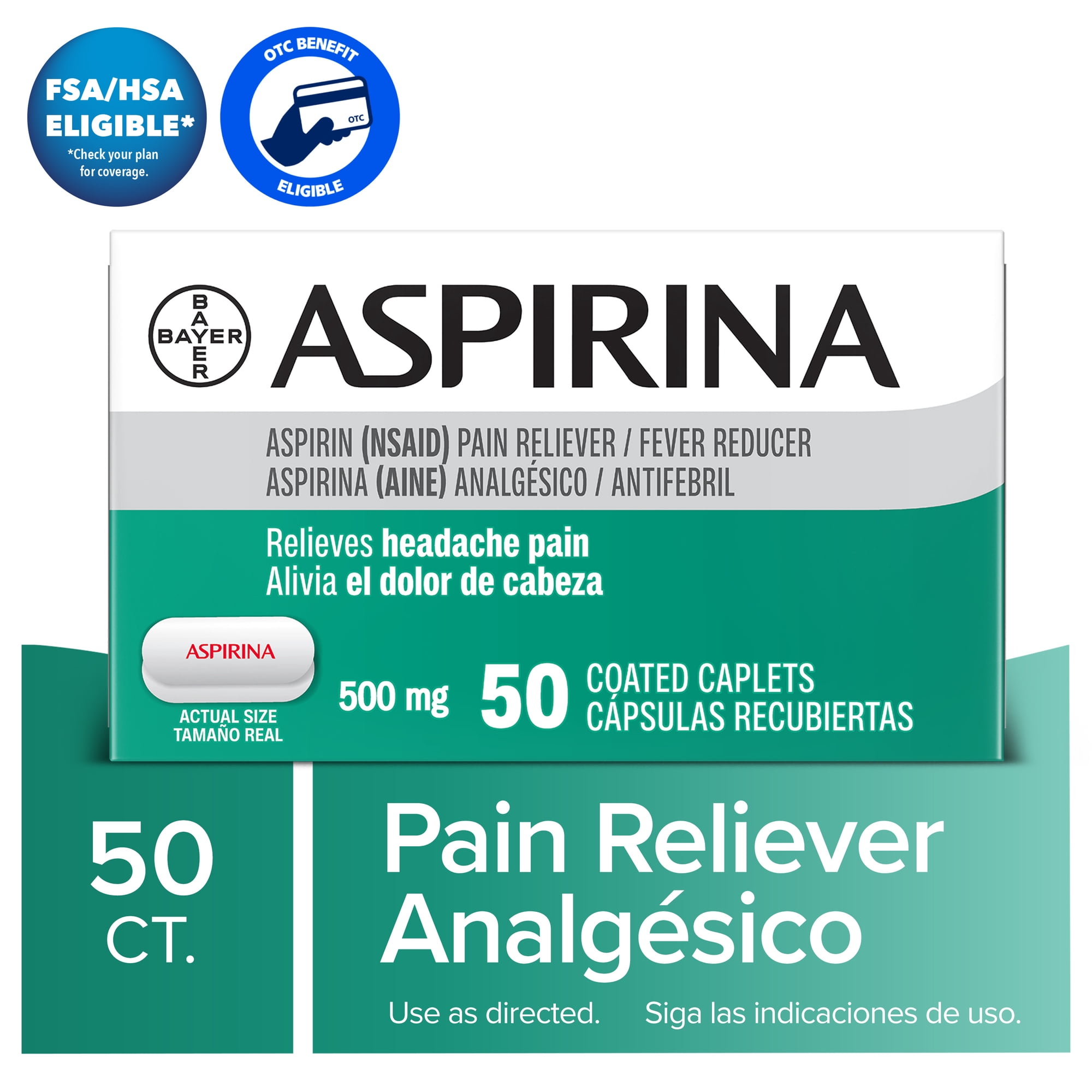 Aspirina Pain Reliever, 500mg Aspirin Medicine, Headache Relief, 50 Count