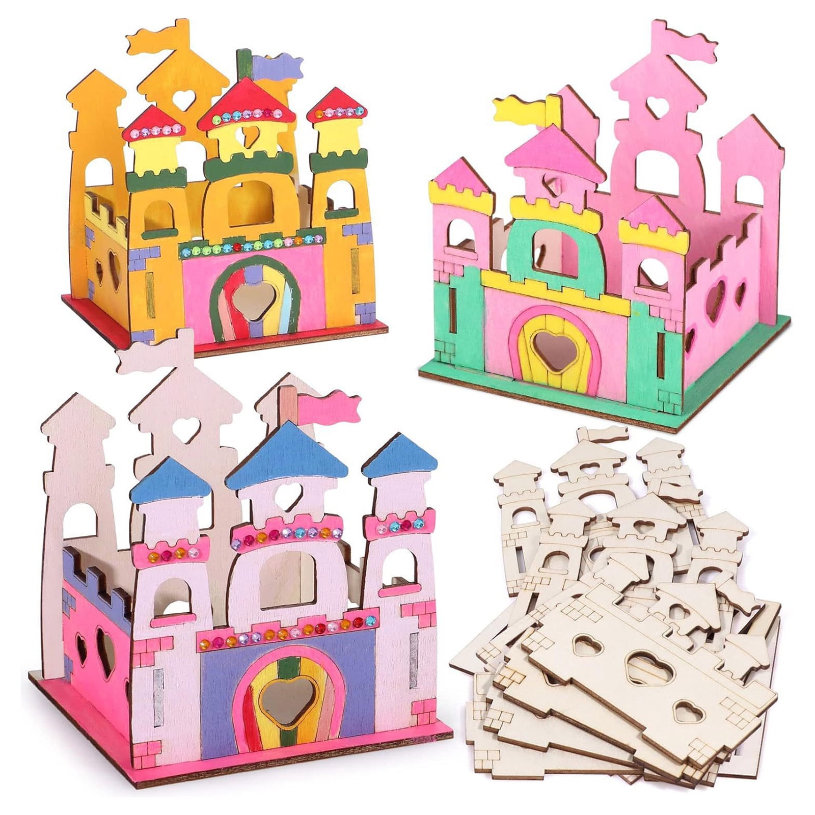 12 Sets DIY Wooden Princess Castle Craft Bulk Donate Pack for Kids, Cardboard Castle with 12 Acrylic Paints & Brushes, Ideal for Girls Birthday Party Church Christmas Donation
