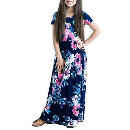 

Sngxgn Girls Dress Short Sleeve Solid Color Tunic A-Line Tiered Swing DressNursing Dress Blue 8-9 Years