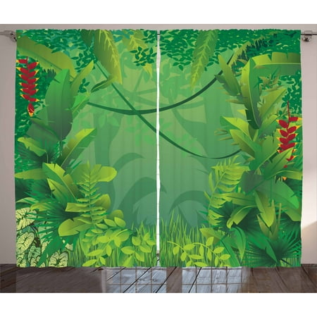Hawaiian Living Room Green Leaf Curtains 2 Panels Set, Hawaiian Rainforest Tropical Climate Island Vegetation Foliage, Window Drapes for Living Room Bedroom, 108W X 84L Inches, Jade Green Apple Green Red, by Ambesonne ()