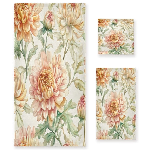 Three-Piece Towel Set Face Towel Towel Set Hand Towel Bath Towel Cotton Bath Towels Bath Towel Sets Hand Bath Towels Chrysanthemums Beige