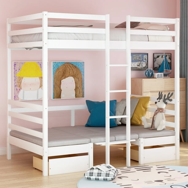CJC Twin Over Twin Bunk Bed Frame with 2 Drawers, Can Turn into Loft