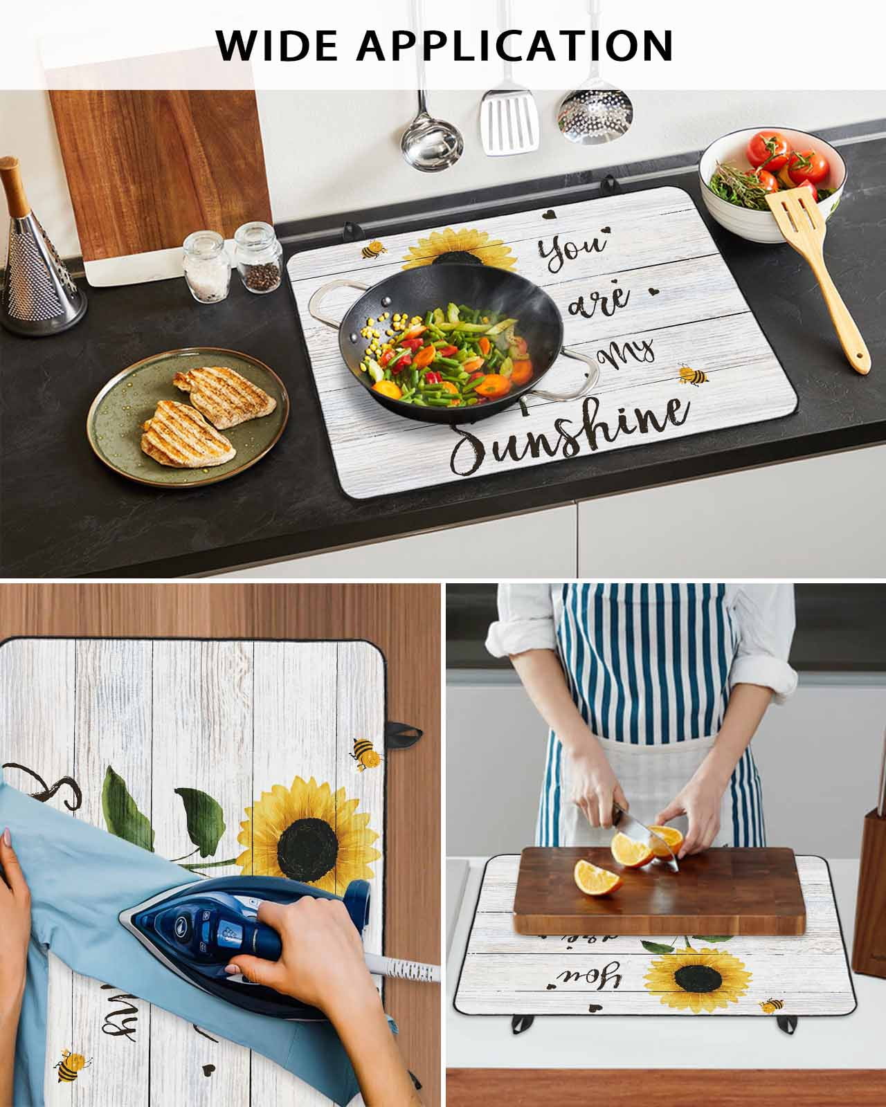 Large Induction Cooktop Protector Mat Sunflowers Stove Top Covers for Electric Stove, Farmhouse Retro Pastoral Floral Wooden Grain Decorative Stove Burner Cover Mats, Glass Top Stove Cover