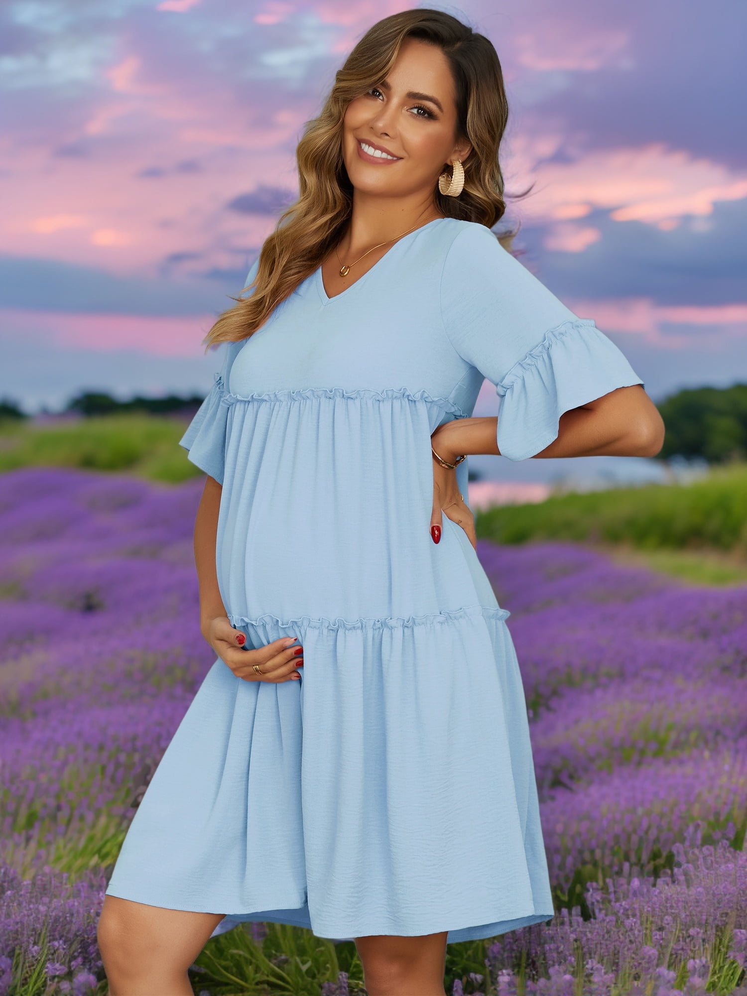 DARING DIVA Women's Maternity Ruffled Short Sleeve Tiered Fit Babydoll Dress XL Blue