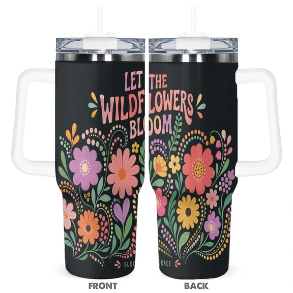40oz Let The Wildflowers Bloom Insulated Travel Tumbler with Handle Straw Lid Car Cup Floral Gift