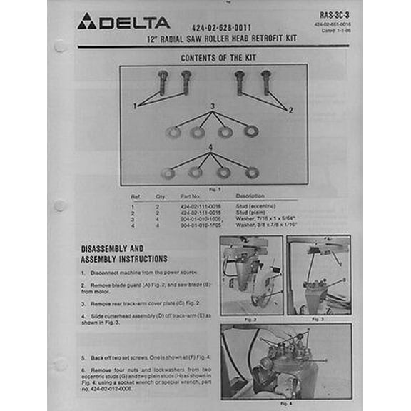 Instruction Manual ONLY for Delta Rockwell 12" Radial Saw Roller Head Retrofit Kit RAS-3C-3 Instructions REPRINT