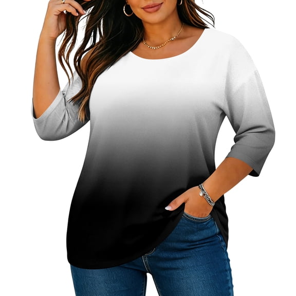 Qulqfy Tie Dye Graphic Tees For Women Scoop Neck Fall Plus Size 3/4 Length Sleeve Boho Spring Casual Comfy Knit Dressy Womens Tops Summer 2XL