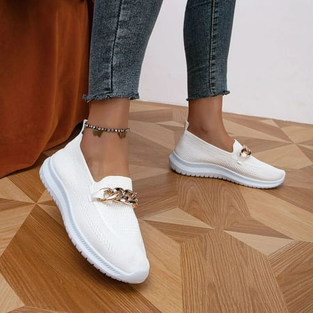 

NEW Metal Gold Chain Decor Slip-on Comfort Flat Nurse Loafers Women Shoes Non Slip Shoes for Women Ladies Mesh Walking Shoes Fit Knit Breathable Womens Shoes Dressy Casual Work Nursing Shoes